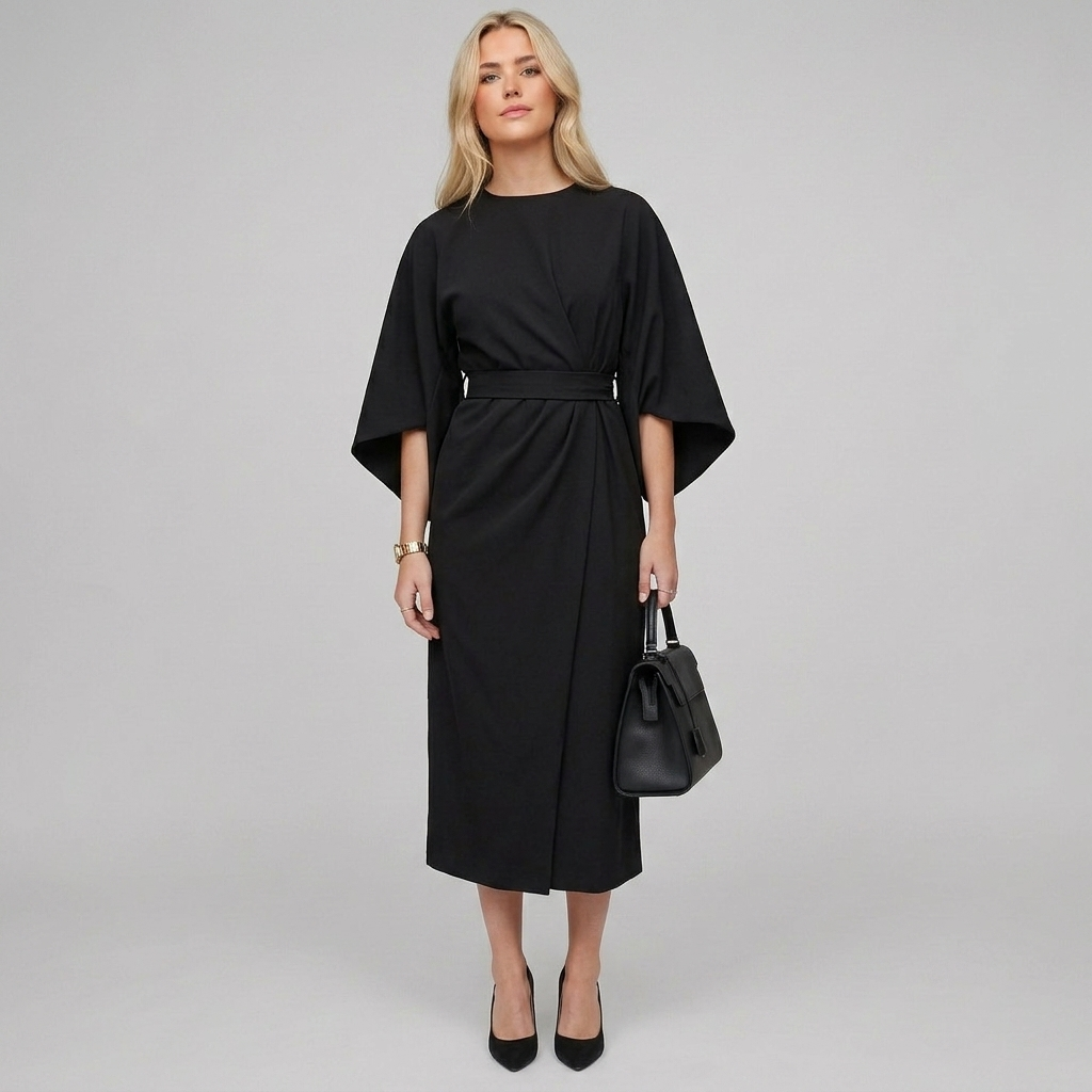 Batwing Sleeve Belted Midi Dress
