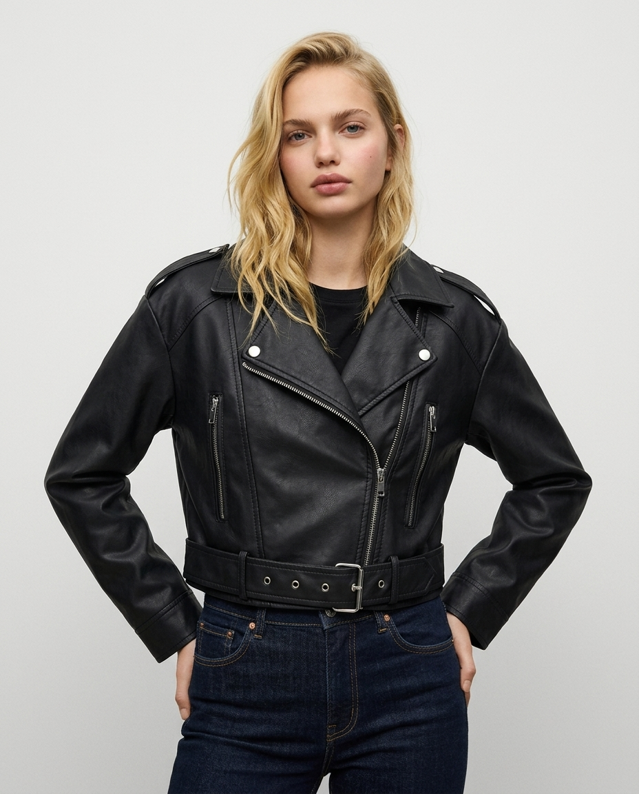 Belted Faux Leather Biker Jacket