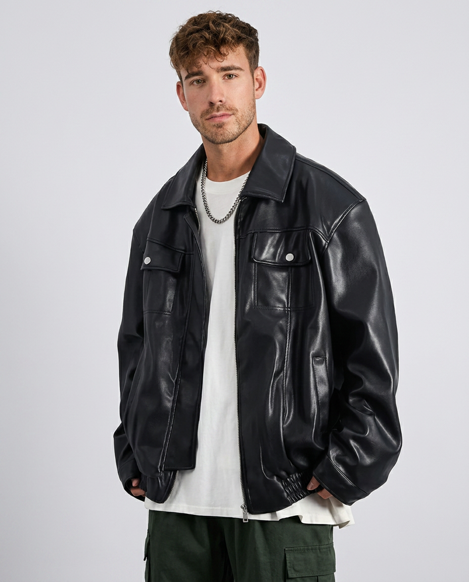 Oversized Faux Leather Utility Jacket
